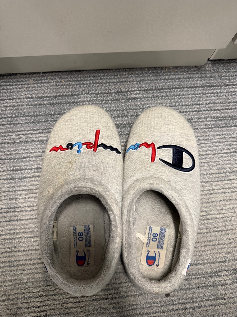 Champion Light Gray Slip-On Slippers with Red & Blue Logo